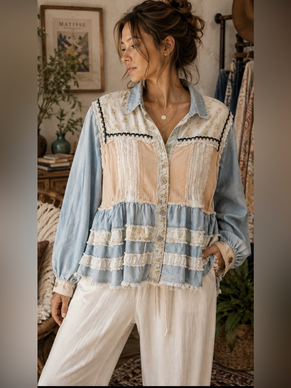 174🌟 POL 100% Cotton Lace Patchwork Boho Blouse Smal